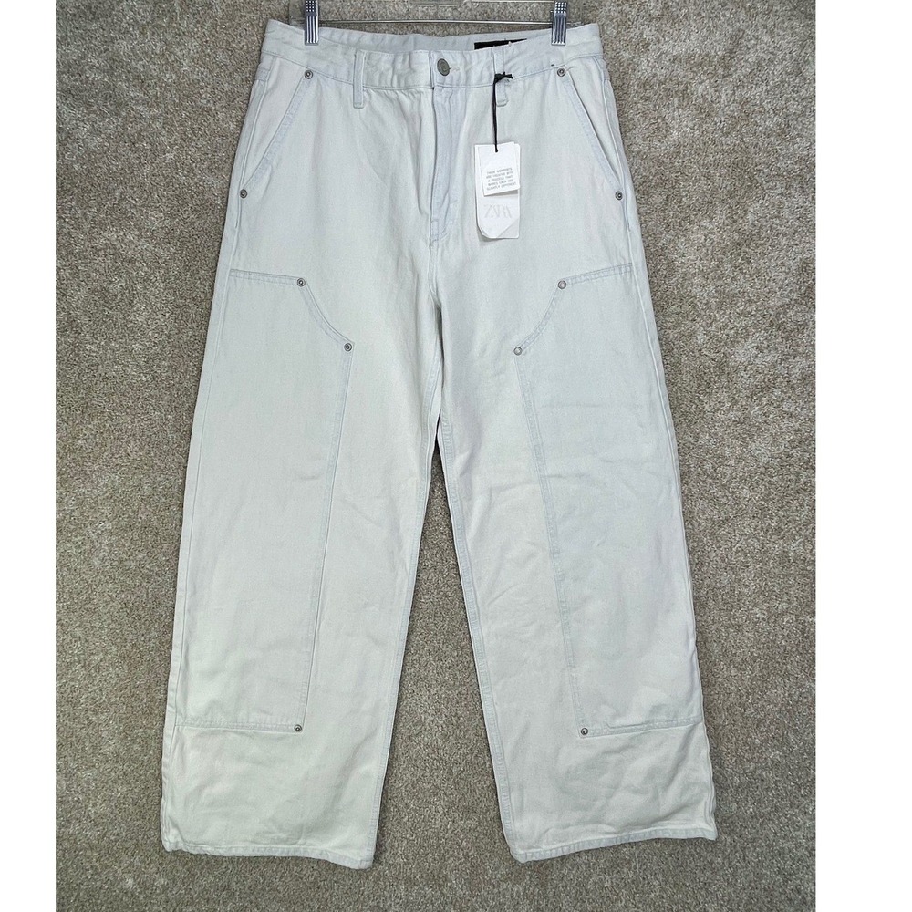 Zara Double Knee Carpenter Wide Leg Pants Womens 8 Light Wash Utility Denim NWT